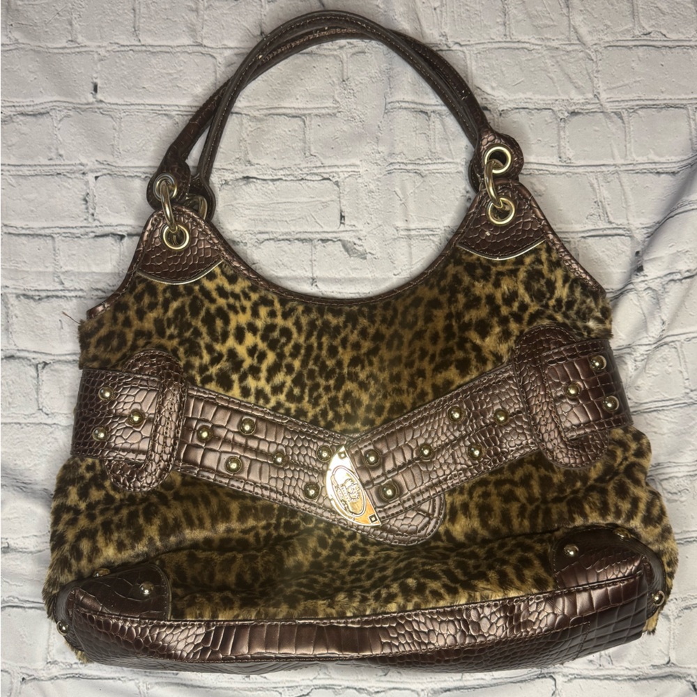 Brown Leopard Print Shoulder Bag with Gold Hardware